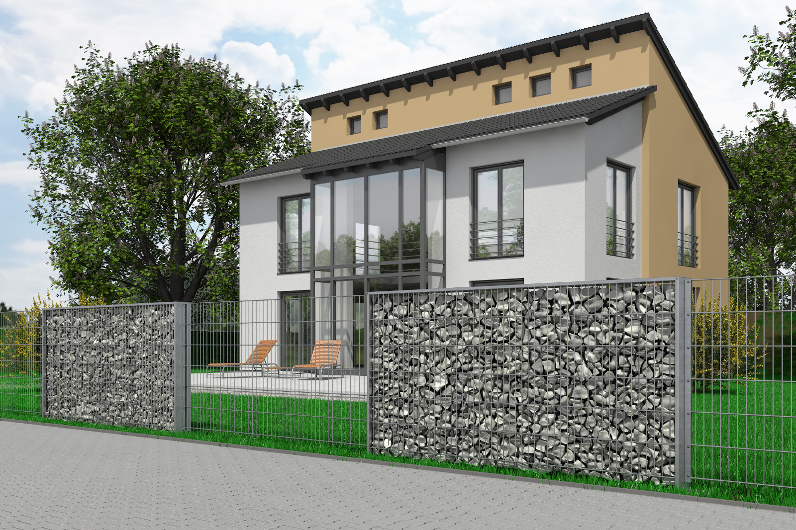 Durchgehende Gabionenmauer als Terrassenabgrenzung mit dunklem Basaltsplit.