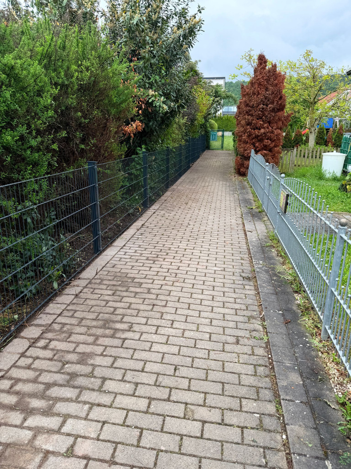 Grundstücksgrenze entlang eines Gehwegs – niedrige Ausführung, blickdurchlässig und dennoch klar definiert.