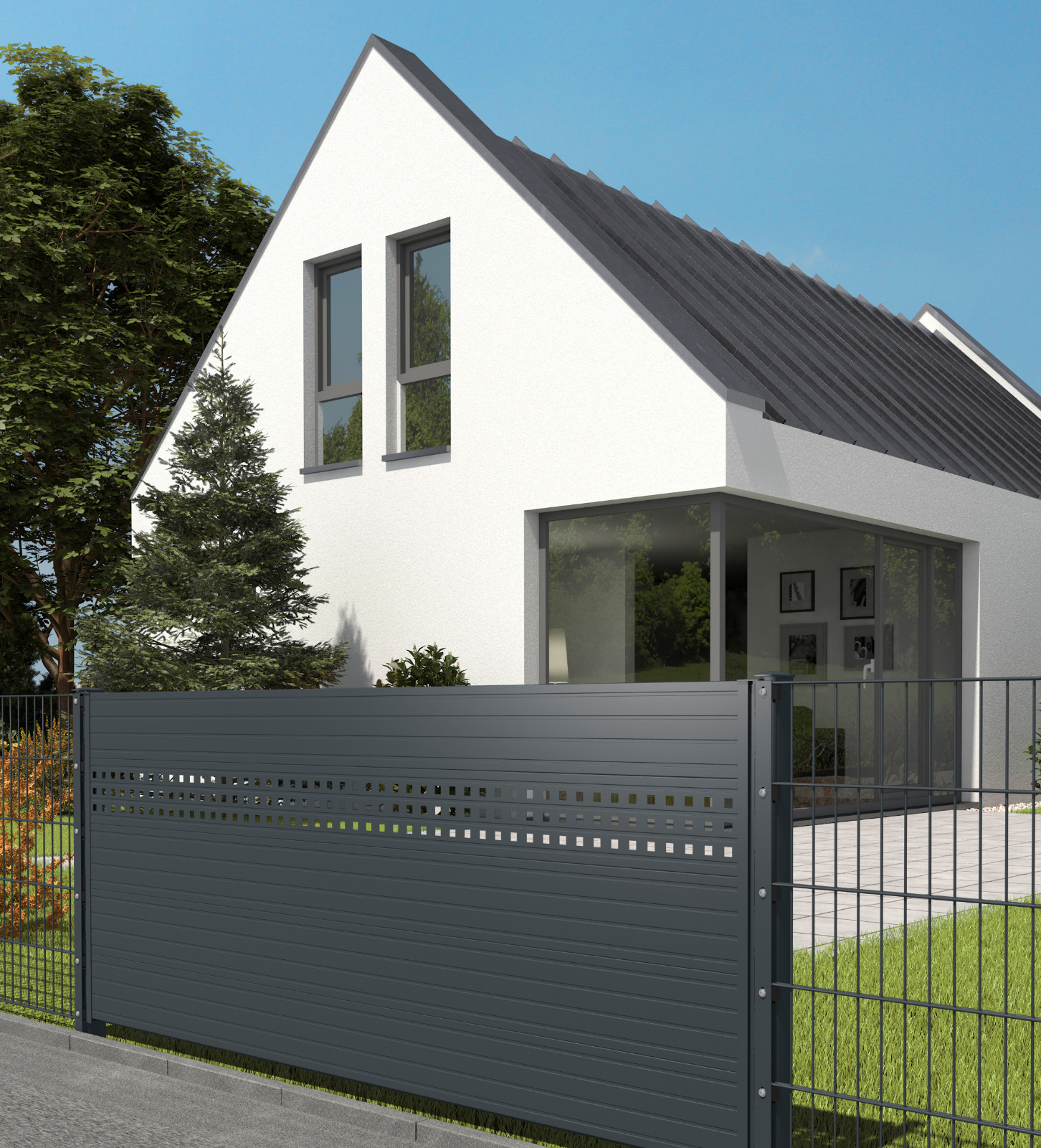Sichtschutzwirkung eines geschlossenen Paneel-Elements entlang der Terrassengrenze.